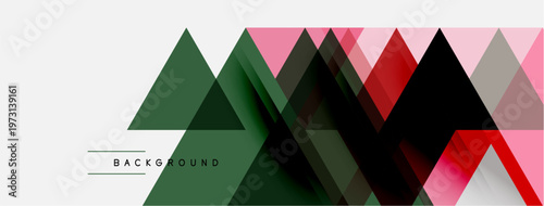 Abstract geometric shapes overlap, creating dynamic visual texture. Colors include green, pink, gray, black. Minimalist design.