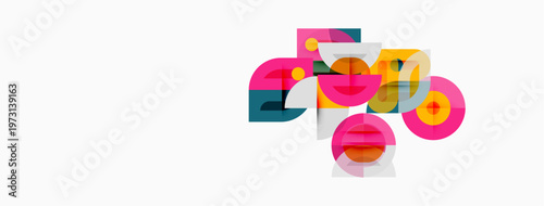 Abstract geometric shapes overlap, creating colorful composition. Circles, squares, rectangles blend into modern design.