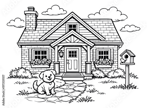 Hand drawn line art illustration of a charming house with a puppy depicting an idyllic suburban scene for domestic concepts