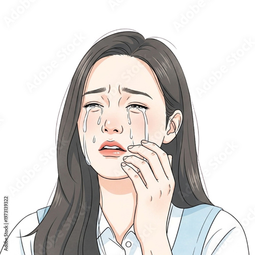 Sad woman crying tears on her cheek with hand on face