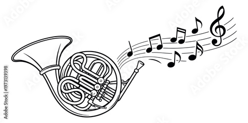 Line art illustration of a French horn depicting musical notes and a clef for music projects