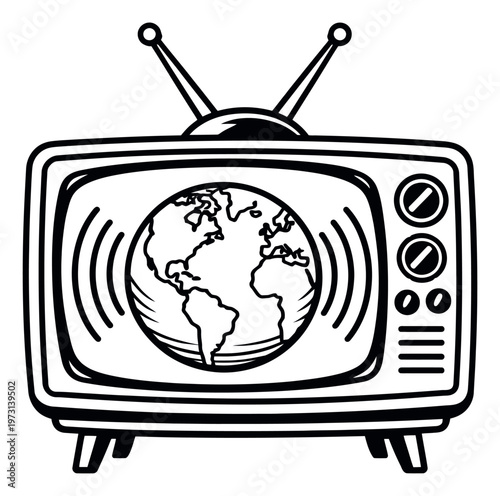 Hand drawn line art illustration of a retro television depicting a globe with broadcasting waves for global communication