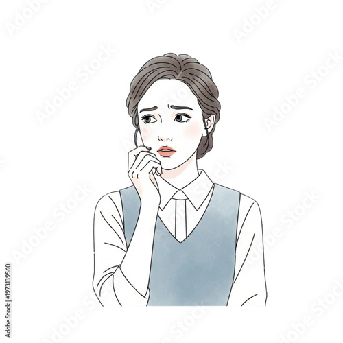 A woman in a blue vest talks on the phone with concern