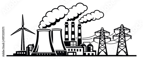 Line art illustration of an industrial power plant with a wind turbine and electricity pylons depicting energy generation and industrial pollution for environmental and industry concepts