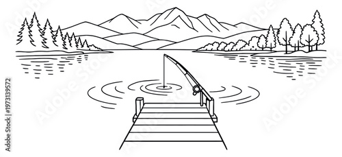Hand drawn line art illustration of a fishing scene depicting a rod on a dock in a lake for outdoor recreation