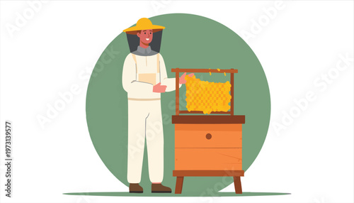 vector Beekeeper in Protective Suit Inspecting Honeycomb in Beehive