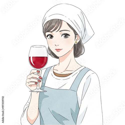 A woman in an apron holds a glass of red wine cheerfully indoors