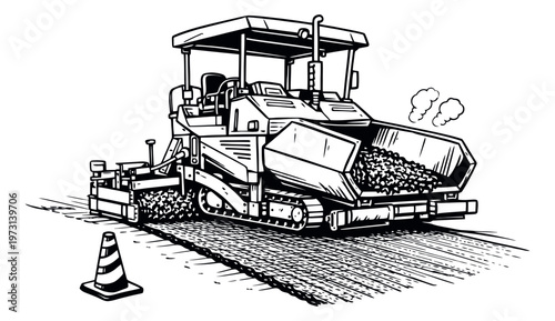 Hand drawn line art illustration of an asphalt paver depicting road construction for industrial projects