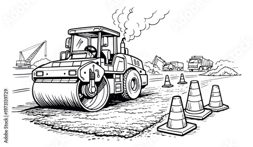 Hand drawn line art illustration of a road roller depicting road construction for infrastructure development