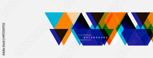 Abstract geometric shapes, triangles, squares form modern banner. Bright colors contrast against white background. Minimalist design.