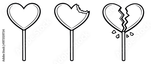 Hand drawn line art heart lollipop set featuring whole, bitten, and broken candies for depicting love and heartbreak emotions