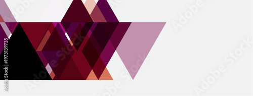 Abstract geometric shapes, triangles dominate composition. Shades purple, maroon, beige create modern aesthetic. Minimalist design.