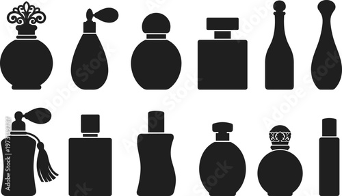 Set of Luxury Perfume Bottle Silhouettes Collection Featuring Various Elegant Fragrance Containers and Cosmetic Glass Shapes for Beauty Industry Branding Graphic Design Element