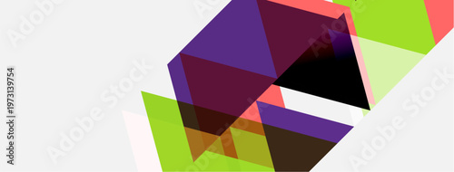 Abstract geometric shapes overlap, creating vibrant color contrasts. Composition features purple, green, coral hues. Minimalist design.