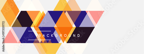 Geometric shapes overlap, creating vibrant abstract background. Orange, blue, pink hues dominate design. Minimalist lines add subtle texture.