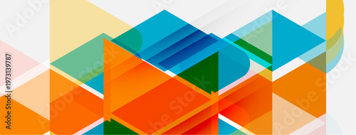 Abstract geometric shapes overlap, creating vibrant color blocks. Composition features triangles, rectangles, soft gradients. Modern design.