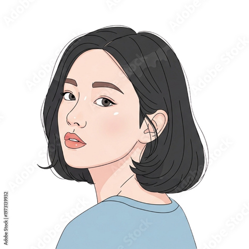 A woman with dark hair and blue shirt looks forward with a gentle expression.