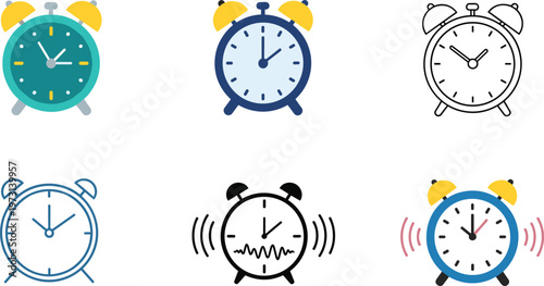 Alarm Clock Icon Set Featuring Analog Timepieces with Ringing, Timer, and Wake Up Concepts for Time Management, Schedule, and Daily Routine Design
