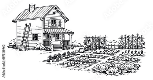 Line art illustration of a rustic house with a garden depicting a home farm for sustainable living