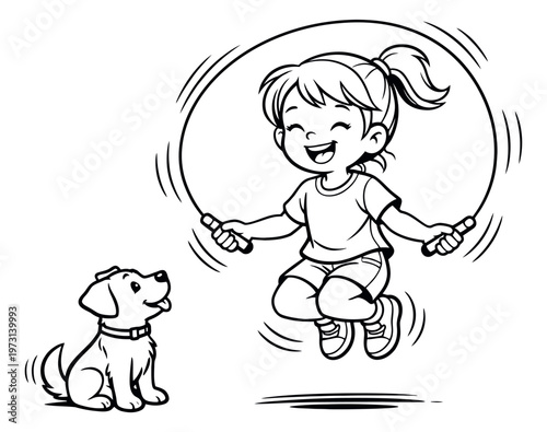 Hand drawn line art illustration of a girl and a dog depicting a girl skipping rope with her pet watching for children's activities