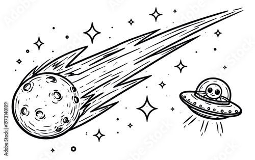 Hand drawn line art illustration of a comet and an alien in a ufo depicting an outer space journey for science fiction concepts