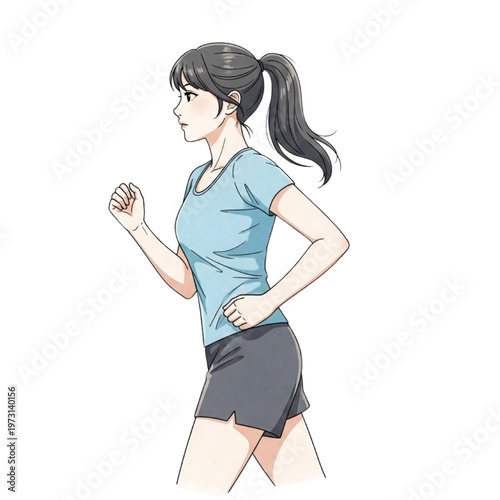 Woman in blue shirt and grey shorts running in profile view