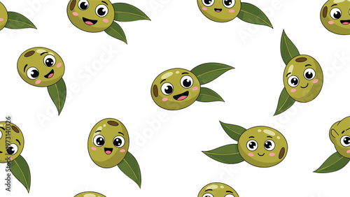 Fun pattern design featuring green olive characters with cute smiling faces and leaves arranged on a plain white background.