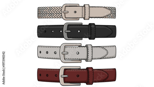 Set of four stylish leather belts in different colors including tan, black, grey, and brown with metallic buckles for fashion.