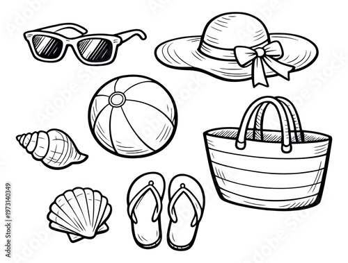 Hand drawn line art beach accessories set featuring a sun hat, sunglasses, beach ball, seashells, flip flops, and a tote bag for summer vacation