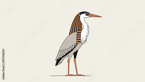 Unique artistic depiction of a heron bird wearing an ancient Egyptian pharaoh headdress standing against a neutral background.
