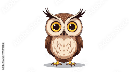 Adorable cartoon owl with large golden eyes and soft brown feathers standing in a cute and friendly pose for children.