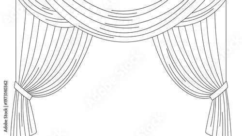 Simple coloring page of theatre stage curtains with flowing fabric and tied-back drapes perfect for children's art activities.
