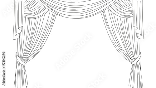 Coloring page featuring elegant theatre curtains with layered swags and draped fabric frames for a stage performance scene.