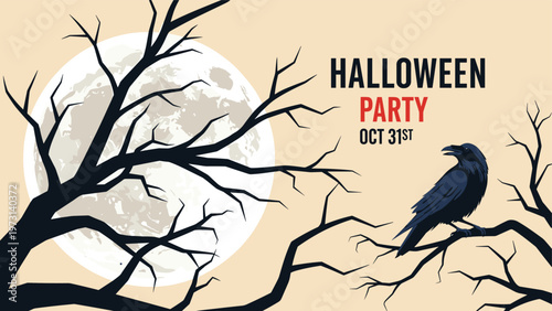 Spooky Halloween party invitation poster featuring a black raven perched on a bare tree branch against a large full moon.