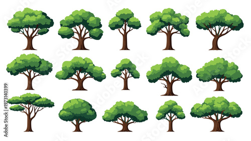 Extensive collection of fifteen different green tree illustrations showing various shapes, sizes, and species for landscaping design.