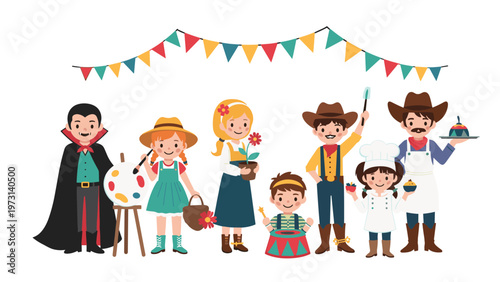 Diverse group of children dressed in various creative costumes including a vampire, artist, gardener, drummer, cowboy, and chef.