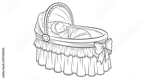 Detailed coloring book illustration showing a peaceful newborn baby sleeping inside a classic wicker bassinet decorated with a bow.