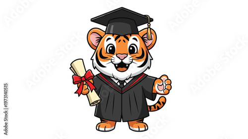 Cute cartoon tiger character dressed in a black graduation gown and cap holding a rolled diploma with a red ribbon.