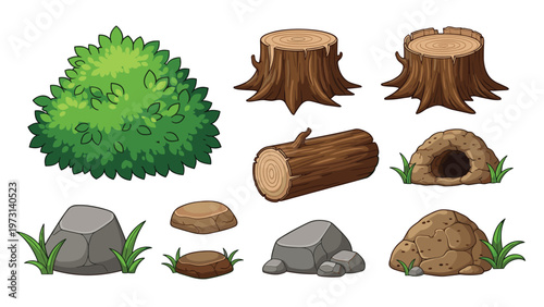 Collection of nature elements including a green bush, tree stumps, logs, and various sizes of rocks for game asset design.
