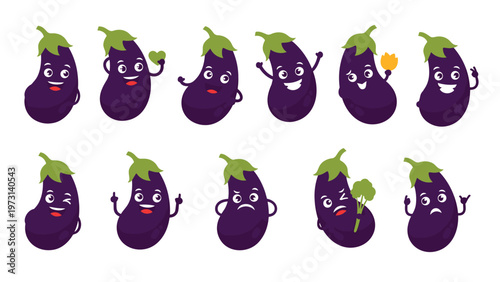 Collection of purple eggplant characters displaying a variety of different facial expressions and emotions in a fun sticker set.