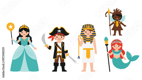 Diverse group of kids in various themed costumes including a princess, pirate, pharaoh, fairy, and a mermaid for a party.