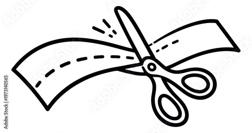 Hand drawn line art illustration of scissors depicting cutting a dotted line for design elements
