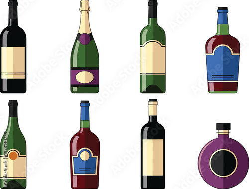 Alcohol Bottle Icon Set Featuring Wine, Champagne, Whiskey, and Liquor Bottles for Bar, Beverage, Restaurant, and Drink Packaging Design