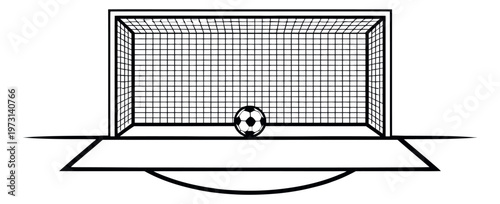 Line art illustration of a soccer goal and ball depicting sports equipment for a game