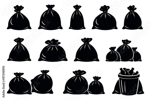 Illustrated garbage bag set featuring various shapes and sizes with a trash can for waste disposal