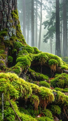 A mossy forest scene with a large tree trunk