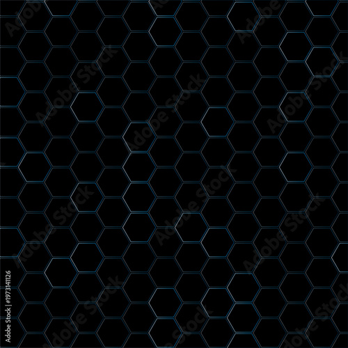 Futuristic black hexagon pattern vector, dark carbon fiber texture background, geometric honeycomb grid wallpaper for gaming and technology
