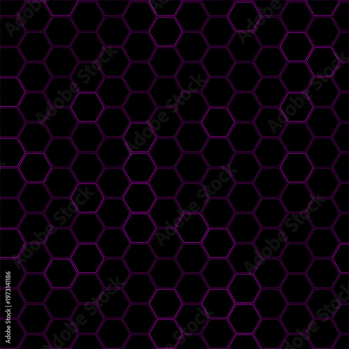 Futuristic purple hexagon pattern on black background, dark geometric honeycomb vector texture, glowing neon violet grid wallpaper for gaming