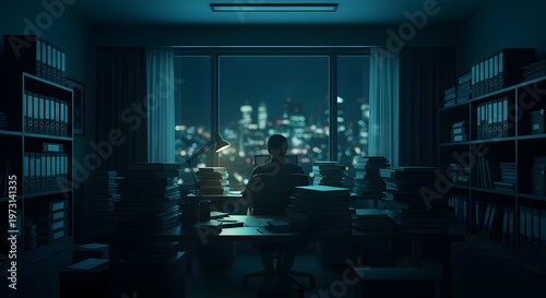 Silhouette of a person working late at night in a dark office surrounded by stacks of paperwork and binders, with a city skyline view