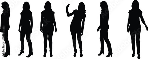 Silhouette of elegant fashion women posing in stylish dresses, female body outline, glamour model illustration, cad drawing flat vector illustration
